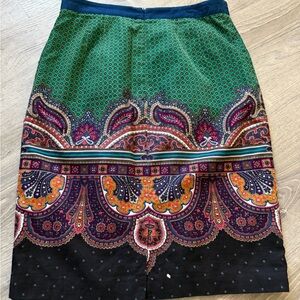 Anthropologie Green Paisley-Trim Pencil Skirt